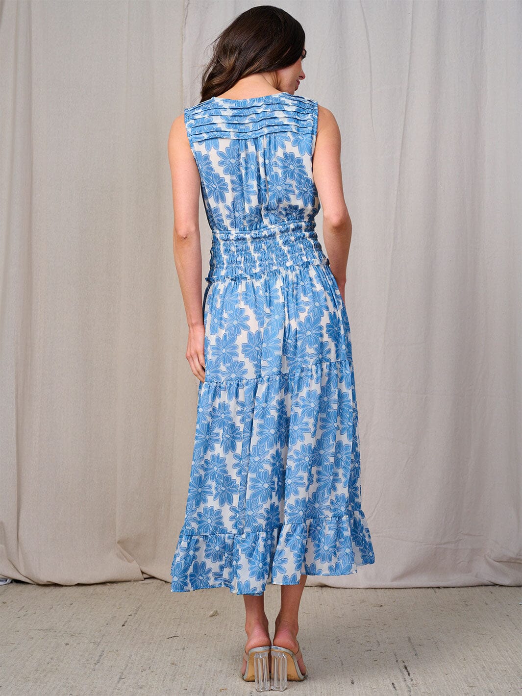 WOMEN'S SLEEVLESS SURPLICE SMOCK WAIST FLORAL MAXI DRESS