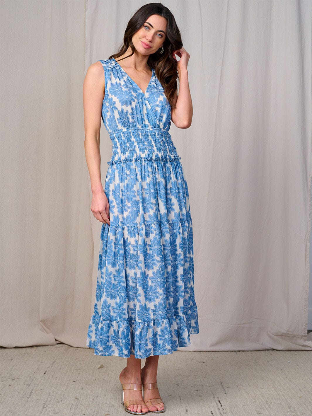 WOMEN'S SLEEVLESS SURPLICE SMOCK WAIST FLORAL MAXI DRESS