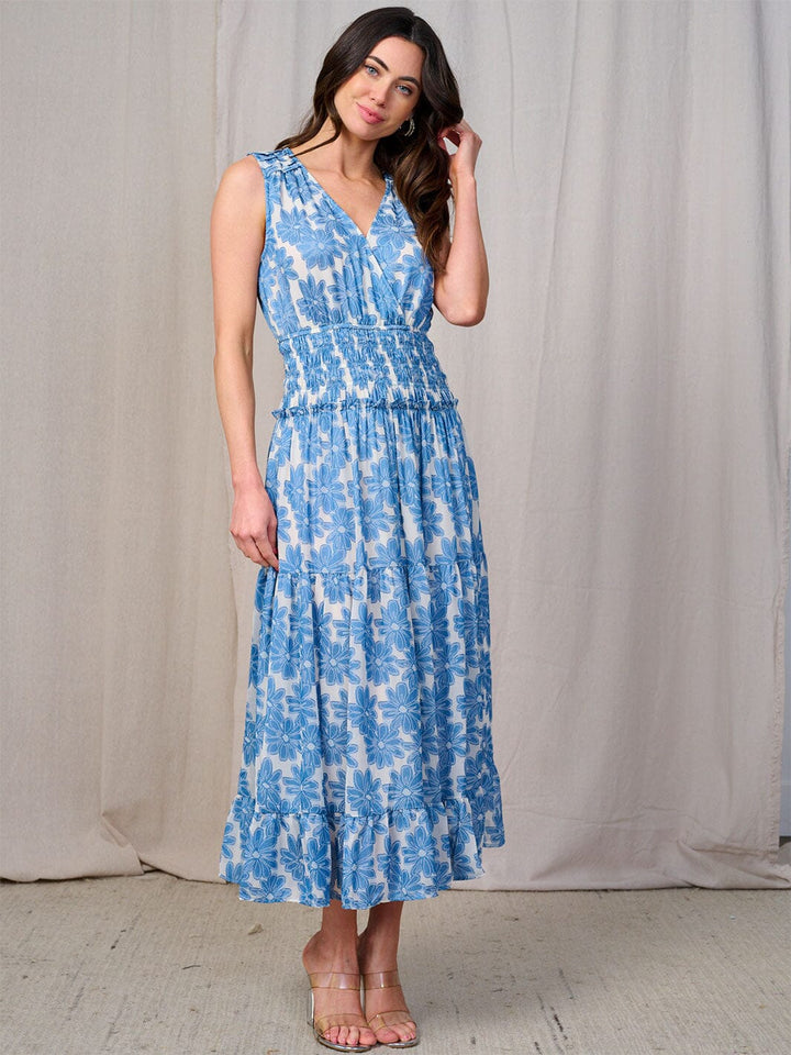 WOMEN'S SLEEVLESS SURPLICE SMOCK WAIST FLORAL MAXI DRESS