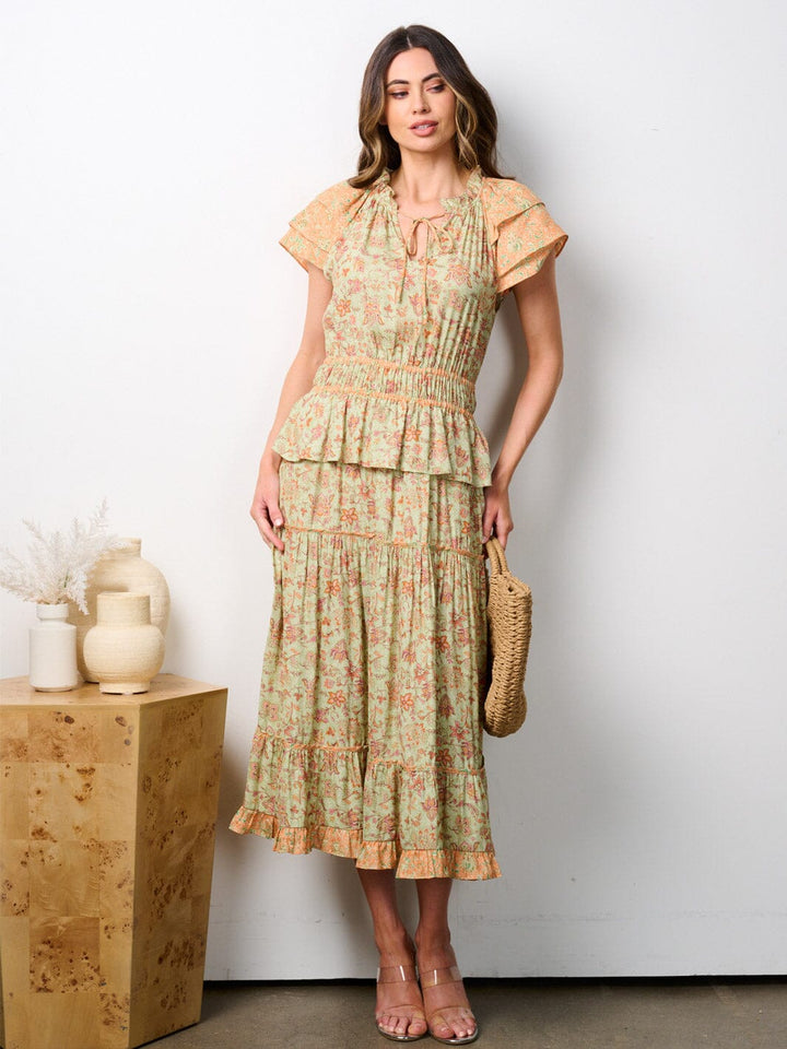 WOMEN'S SHORT RUFFLE SLEEVE V-NECK ELASTIC WAIST TIERED FLORAL MIDI DRESS