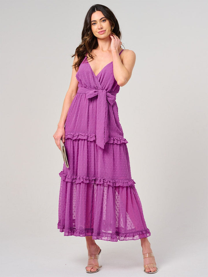 WOMEN'S SLEEVELESS SURPLICE SWISS DOT TIERED MAXI DRESS