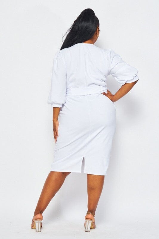 PLUS SIZE 3/4 PUFF SLEEVE SURPLICE SELF TIE POCKETS MIDI DRESS