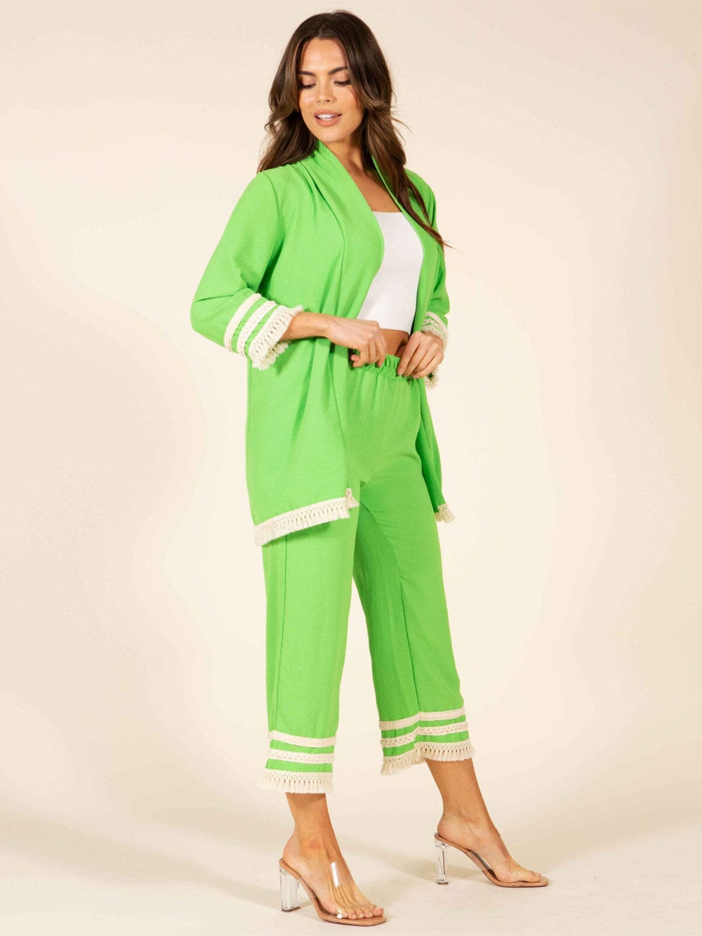 WOMEN'S 3/4 SLEEVES CARDIGAN & CROP PANTS TRIM DETAILED 2PC. SET