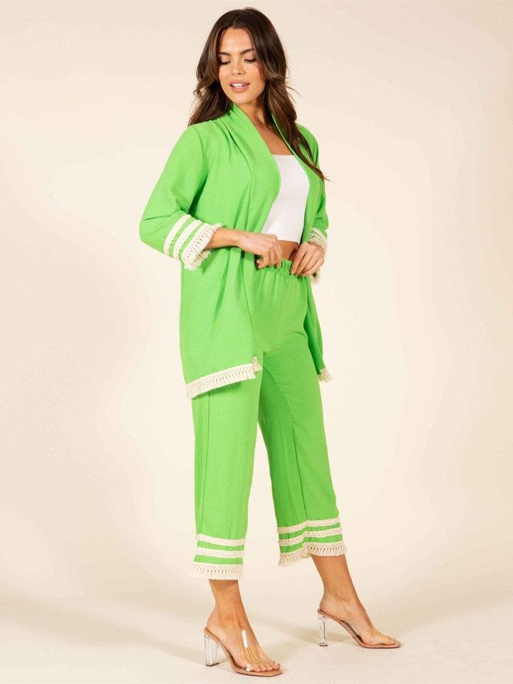 WOMEN'S 3/4 SLEEVES CARDIGAN & CROP PANTS TRIM DETAILED 2PC. SET