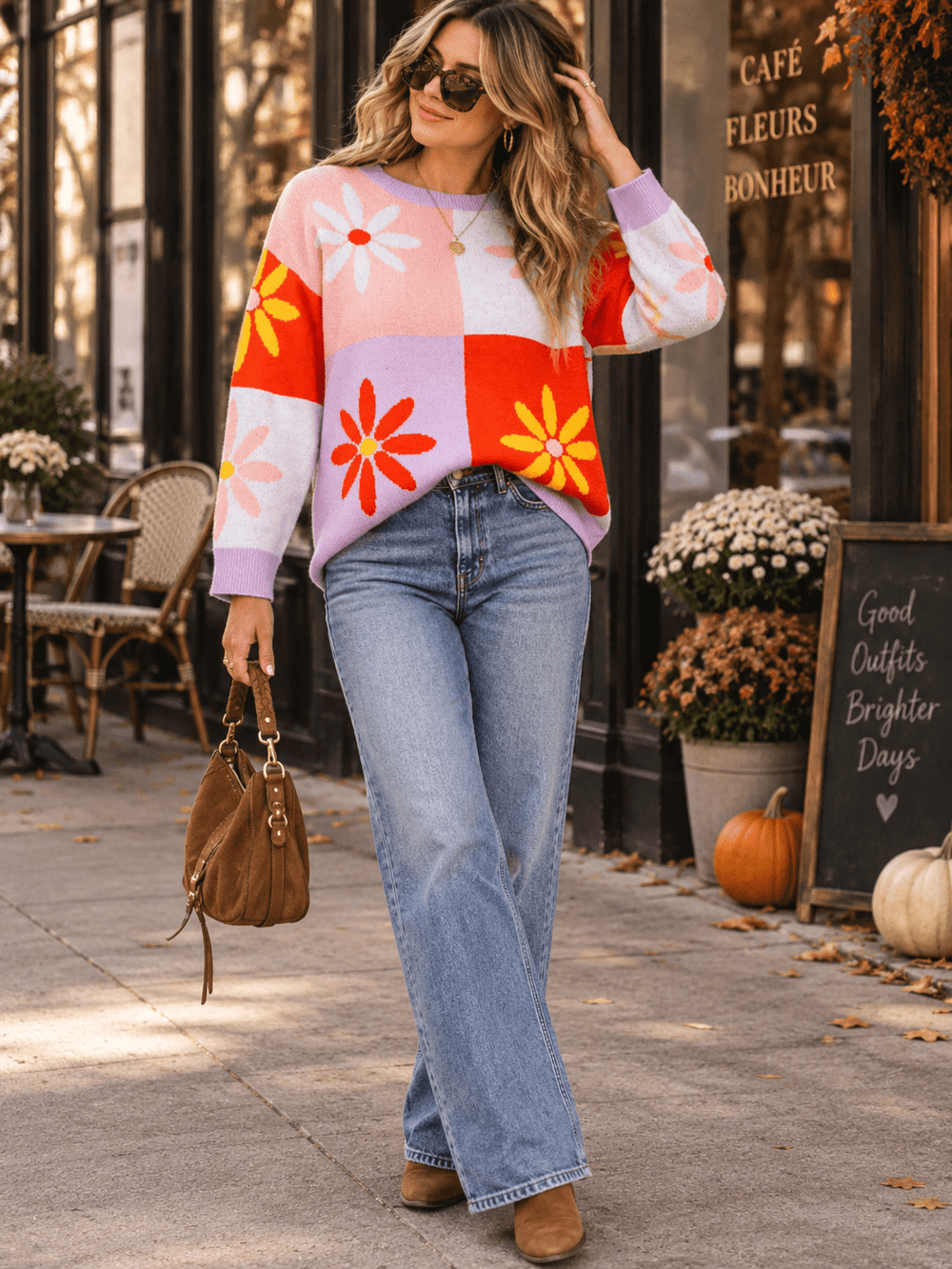 WOMEN'S LONG SLEEVE FLOWERS PRINT COLORBLOCK PULLOVER SWEATER