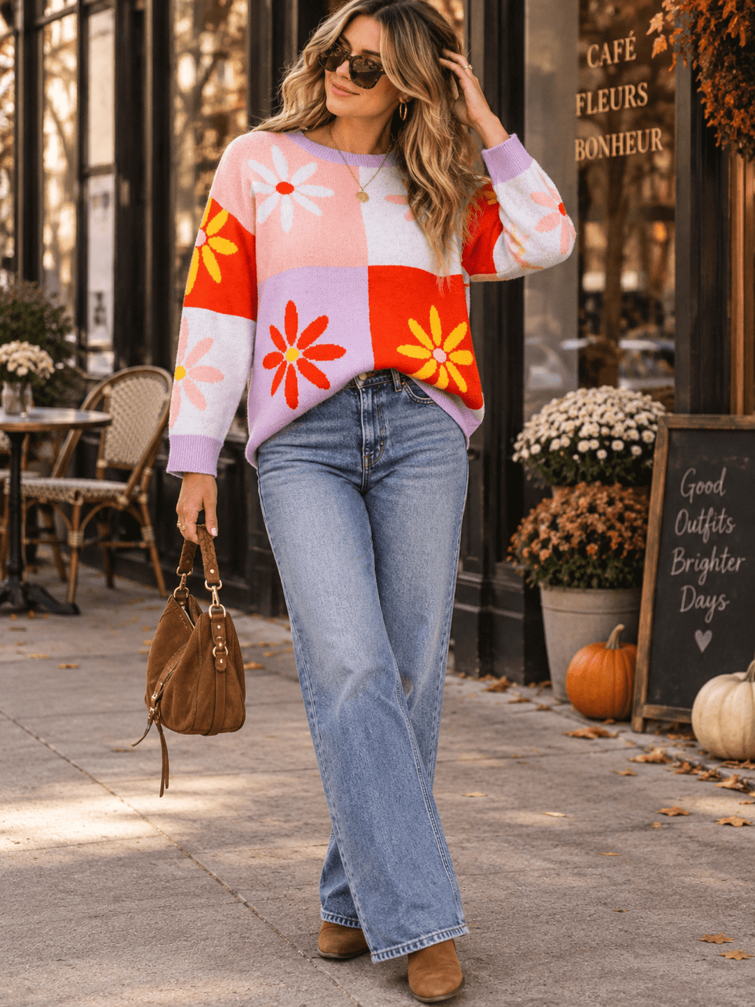 WOMEN'S LONG SLEEVE FLOWERS PRINT COLORBLOCK PULLOVER SWEATER