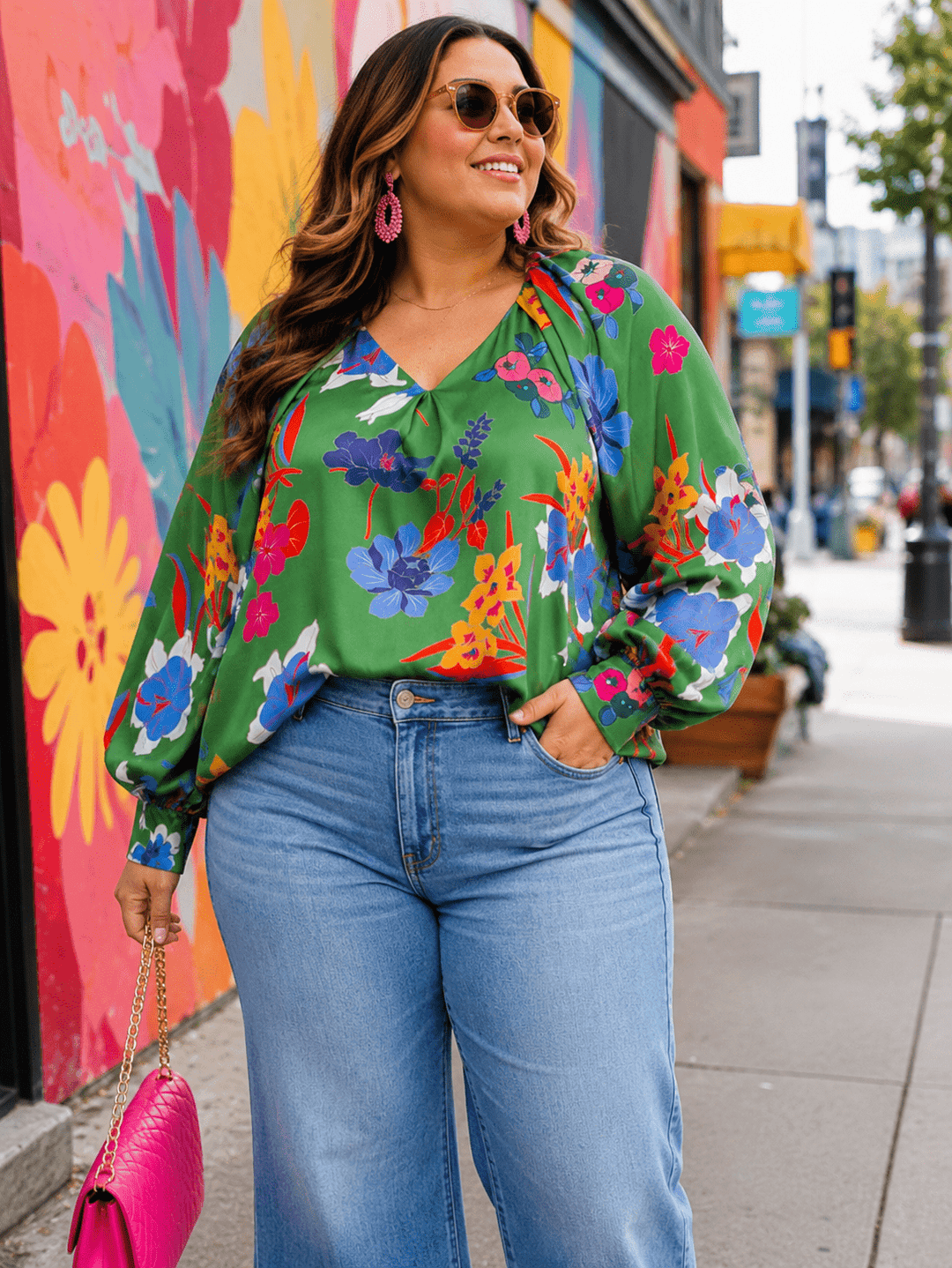 ENTRO PLUS SIZE LONG SLEEVE V-NECK FLORAL PRINT BLOUSE