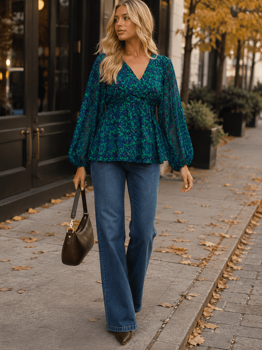 WOMEN'S LONG SLEEVE SURPLICE FLORAL PEPLUM BLOUSE