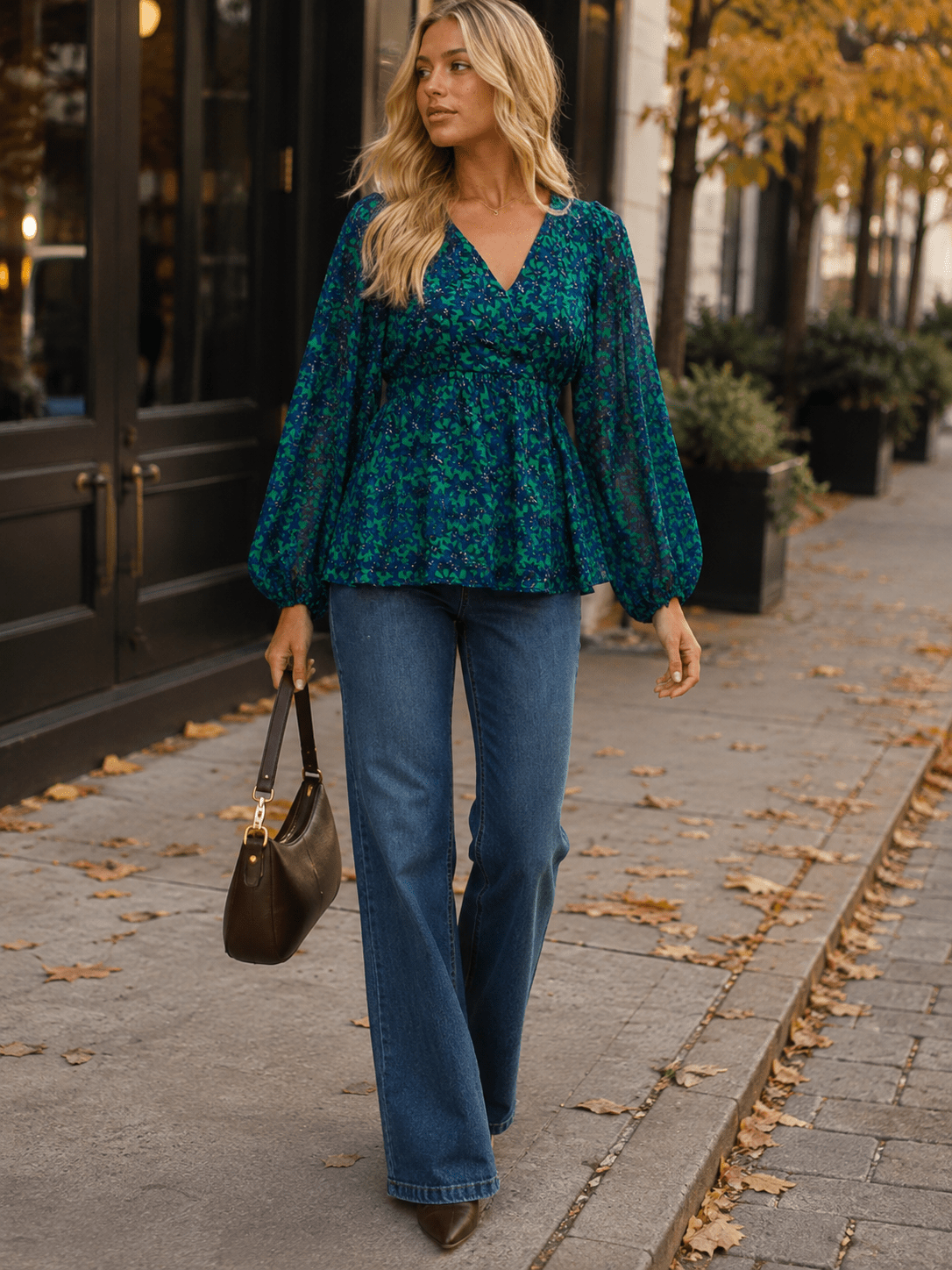 WOMEN'S LONG SLEEVE SURPLICE FLORAL PEPLUM BLOUSE