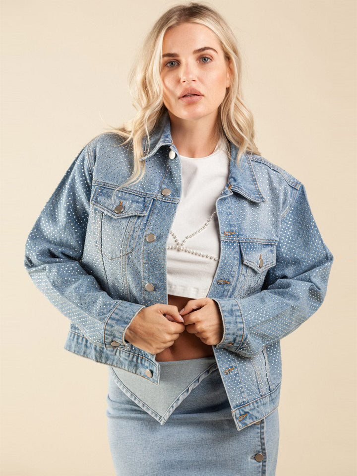 WOMEN'S LONG SLEEVES POCKETS BUTTON CLOSURE STUDS DENIM JACKET