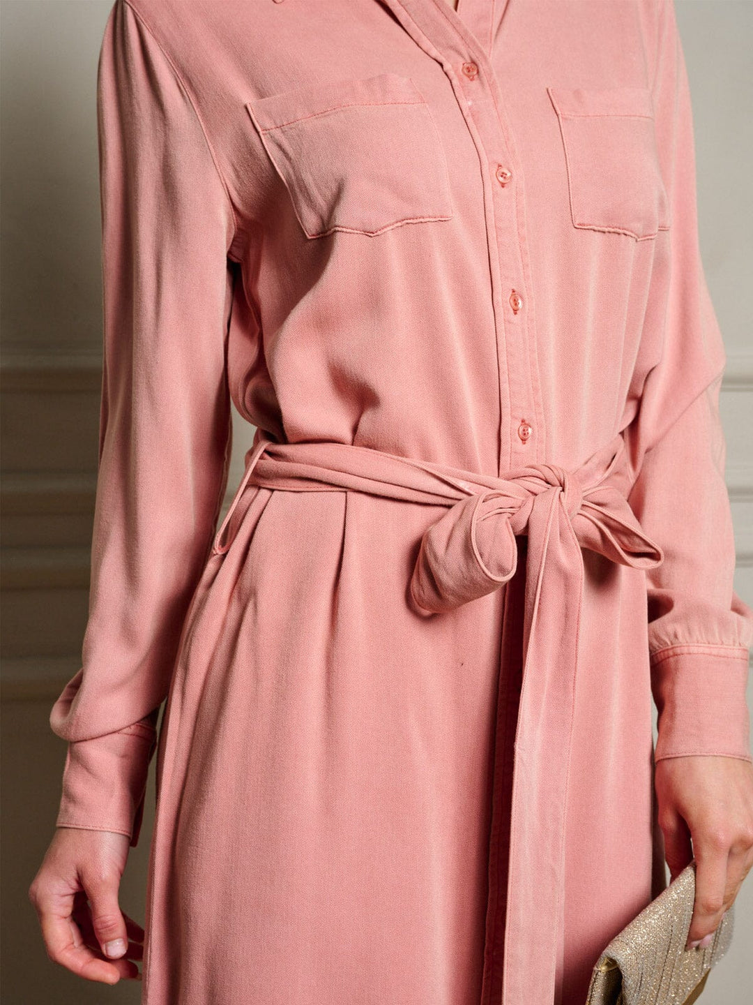 WOMEN'S LONG SLEEVE BUTTON UP SELF TIE MINI DRESS