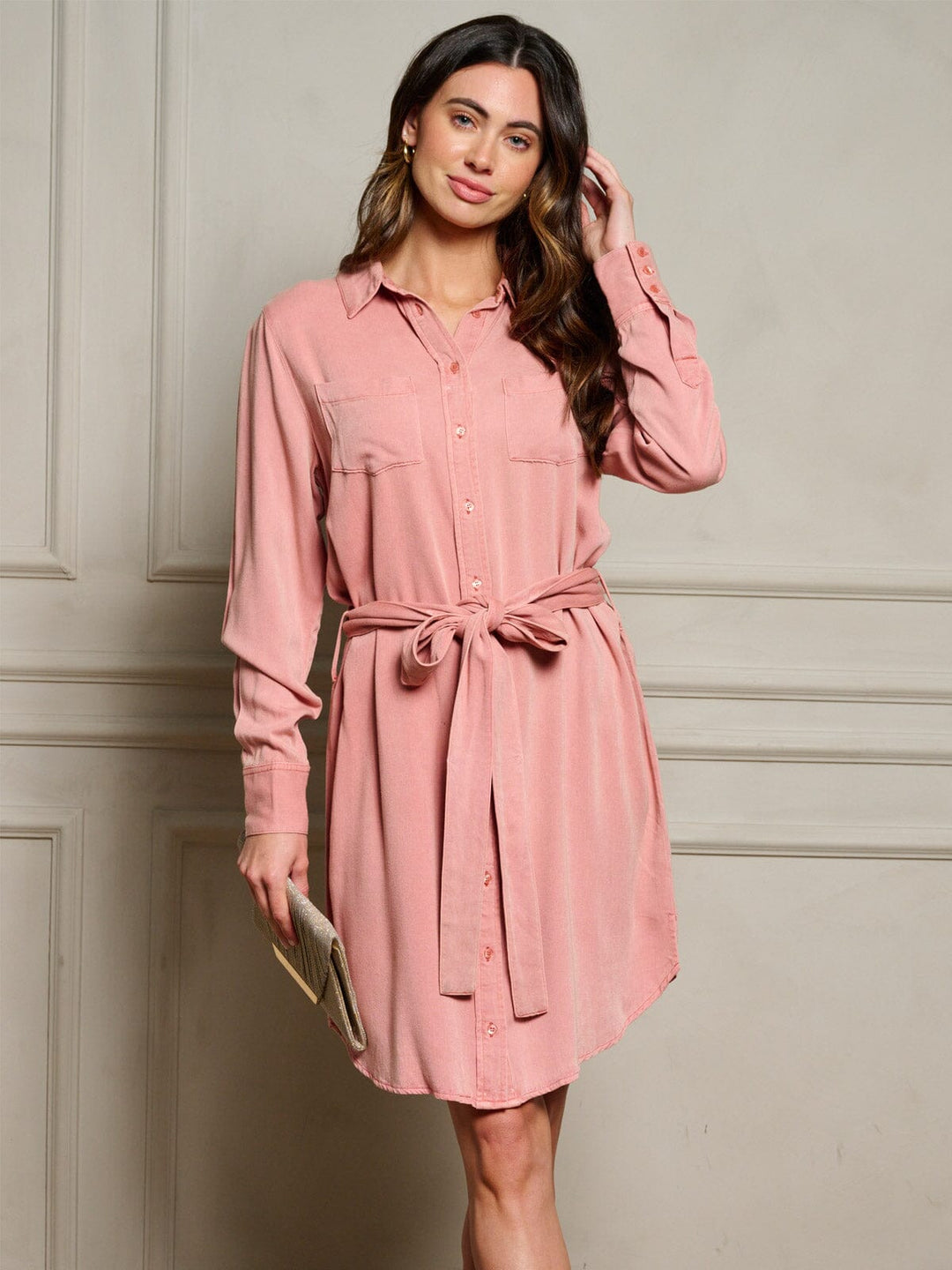 WOMEN'S LONG SLEEVE BUTTON UP SELF TIE MINI DRESS