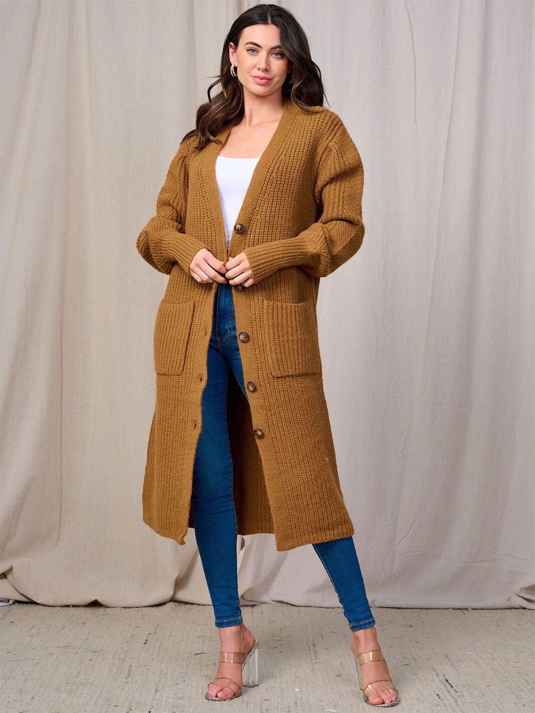 WOMEN'S LONG SLEEVES BUTTON UP FRONT POCKETS KNIT CARDIGAN