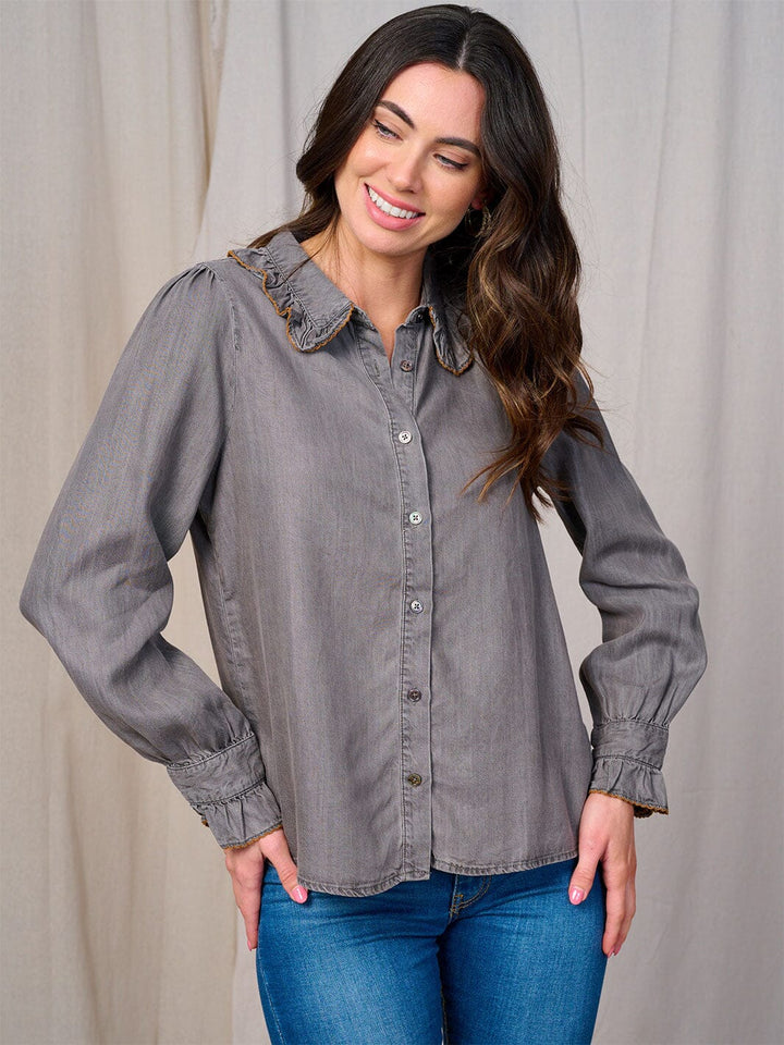 WOMEN'S LONG SLEEVE BUTTON UP RUFFLE COLLAR BLOUSE