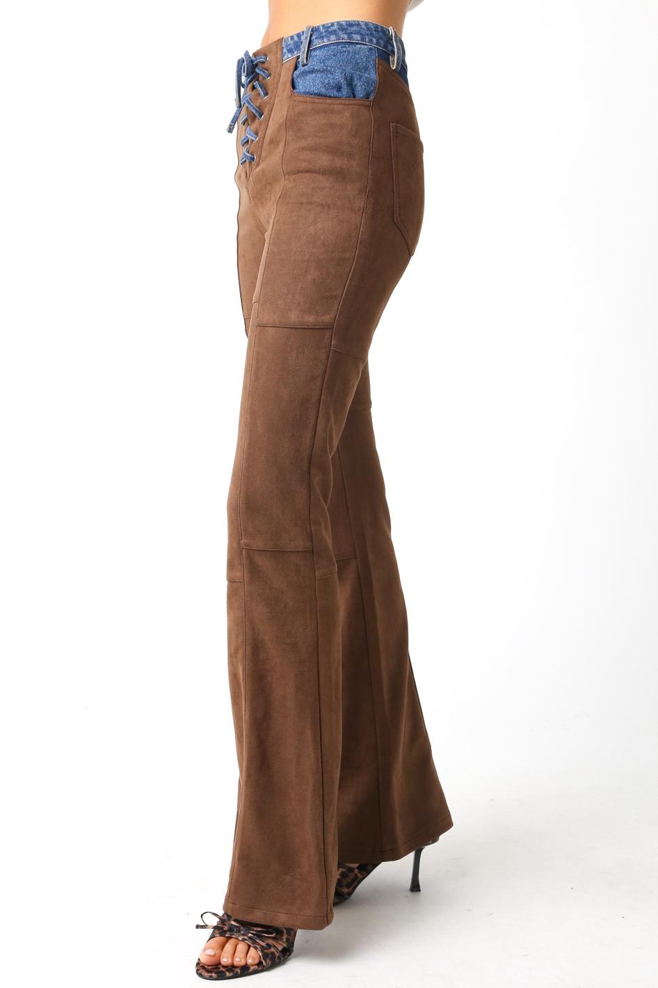 WOMEN'S LACE UP BACK POCKETS DENIM SUEDE CONTRAST BELL LEG PANTS
