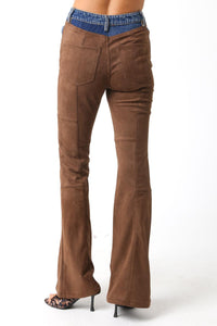 WOMEN'S LACE UP BACK POCKETS DENIM SUEDE CONTRAST BELL LEG PANTS