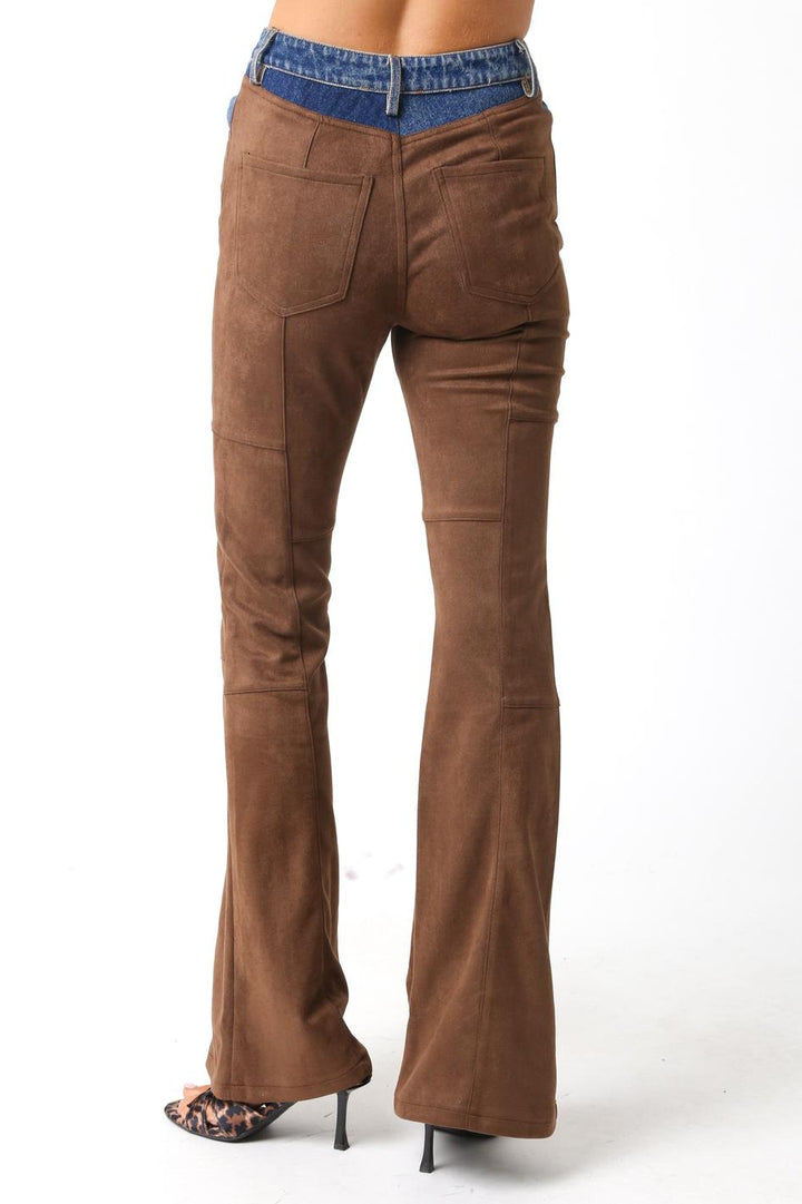 WOMEN'S LACE UP BACK POCKETS DENIM SUEDE CONTRAST BELL LEG PANTS