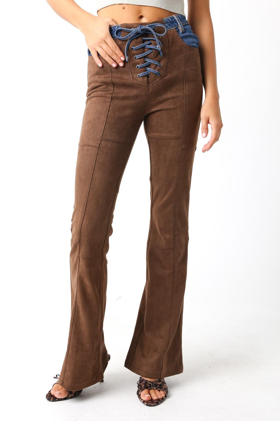 WOMEN'S LACE UP BACK POCKETS DENIM SUEDE CONTRAST BELL LEG PANTS