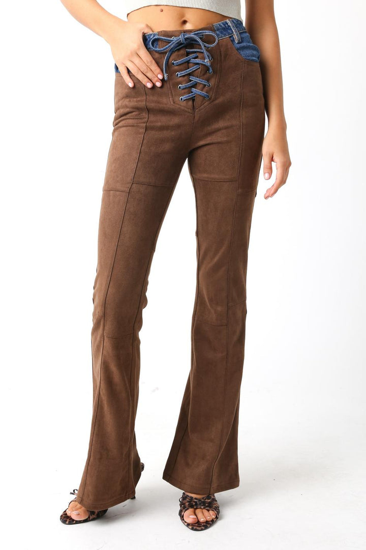 WOMEN'S LACE UP BACK POCKETS DENIM SUEDE CONTRAST BELL LEG PANTS
