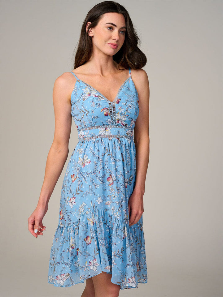 WOMEN'S SLEEVELESS V-NECK TRIM DETAILED FLORAL PRINT MINI DRESS