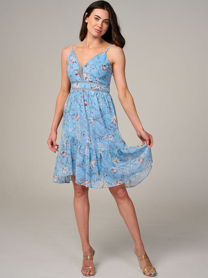 WOMEN'S SLEEVELESS V-NECK TRIM DETAILED FLORAL PRINT MINI DRESS