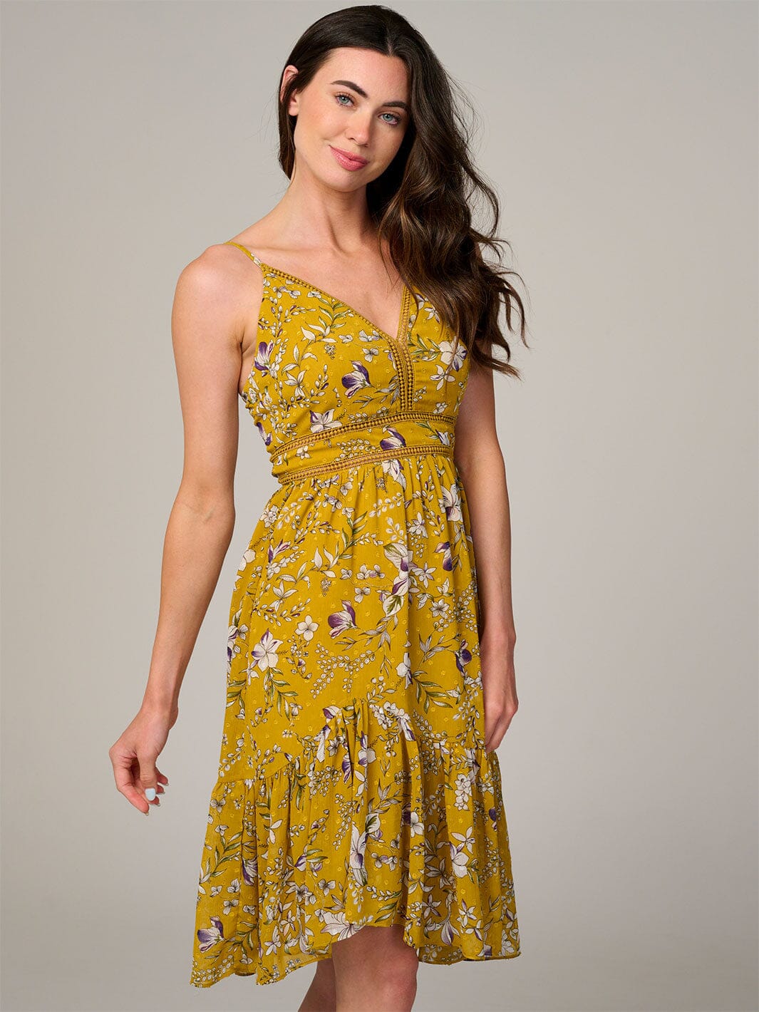 WOMEN'S SLEEVELESS V-NECK TRIM DETAILED FLORAL PRINT MINI DRESS