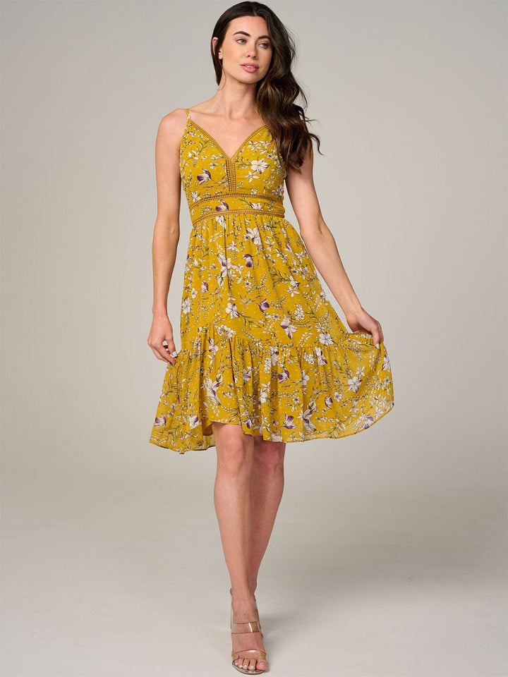 WOMEN'S SLEEVELESS V-NECK TRIM DETAILED FLORAL PRINT MINI DRESS