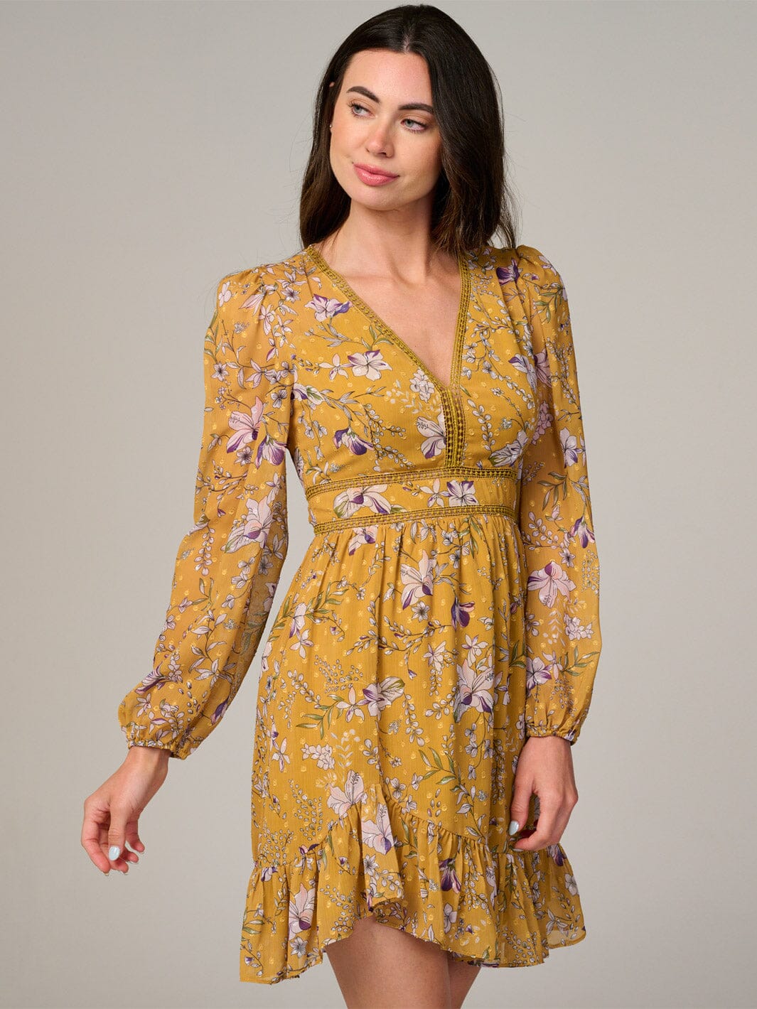 WOMEN'S LONG SLEEVE V-NECK TRIM DETAILED FLORAL PRINT MINI DRESS