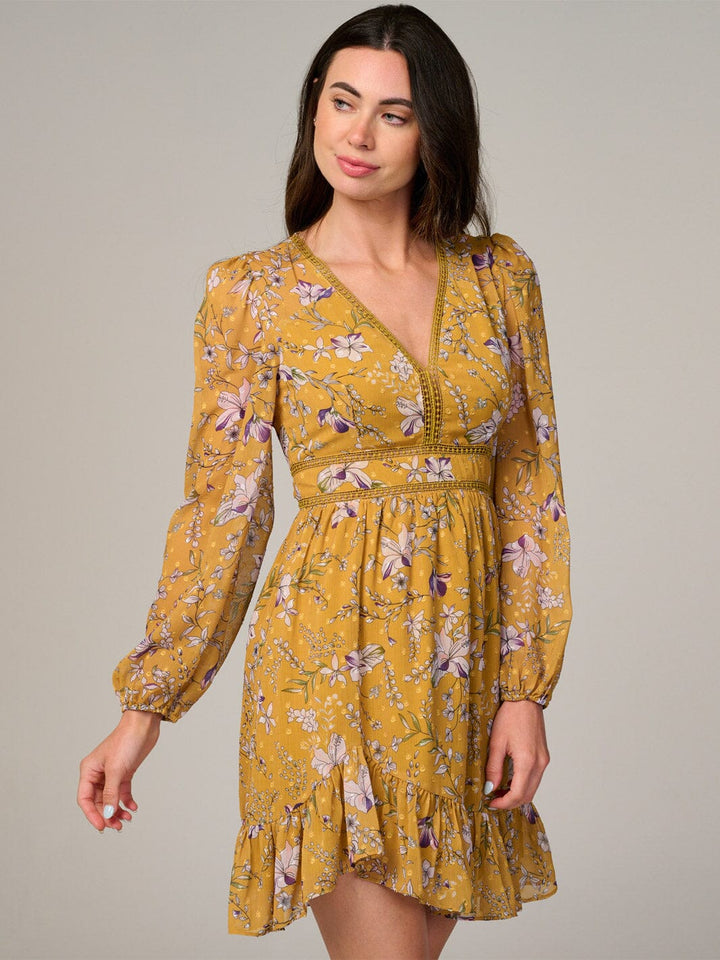 WOMEN'S LONG SLEEVE V-NECK TRIM DETAILED FLORAL PRINT MINI DRESS