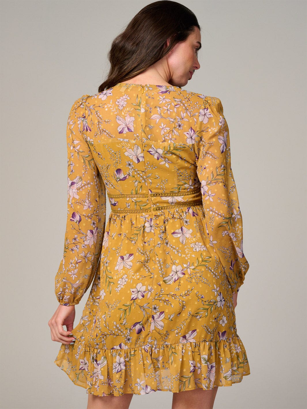 WOMEN'S LONG SLEEVE V-NECK TRIM DETAILED FLORAL PRINT MINI DRESS