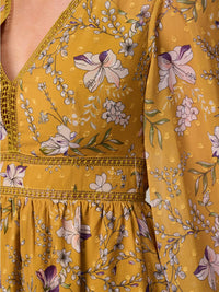 WOMEN'S LONG SLEEVE V-NECK TRIM DETAILED FLORAL PRINT MINI DRESS
