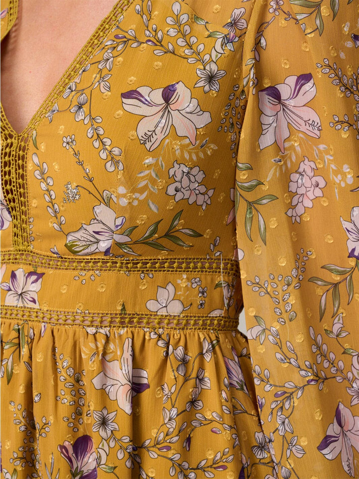 WOMEN'S LONG SLEEVE V-NECK TRIM DETAILED FLORAL PRINT MINI DRESS