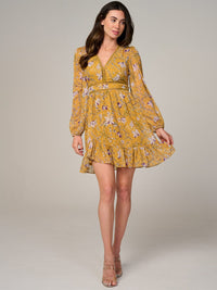 WOMEN'S LONG SLEEVE V-NECK TRIM DETAILED FLORAL PRINT MINI DRESS