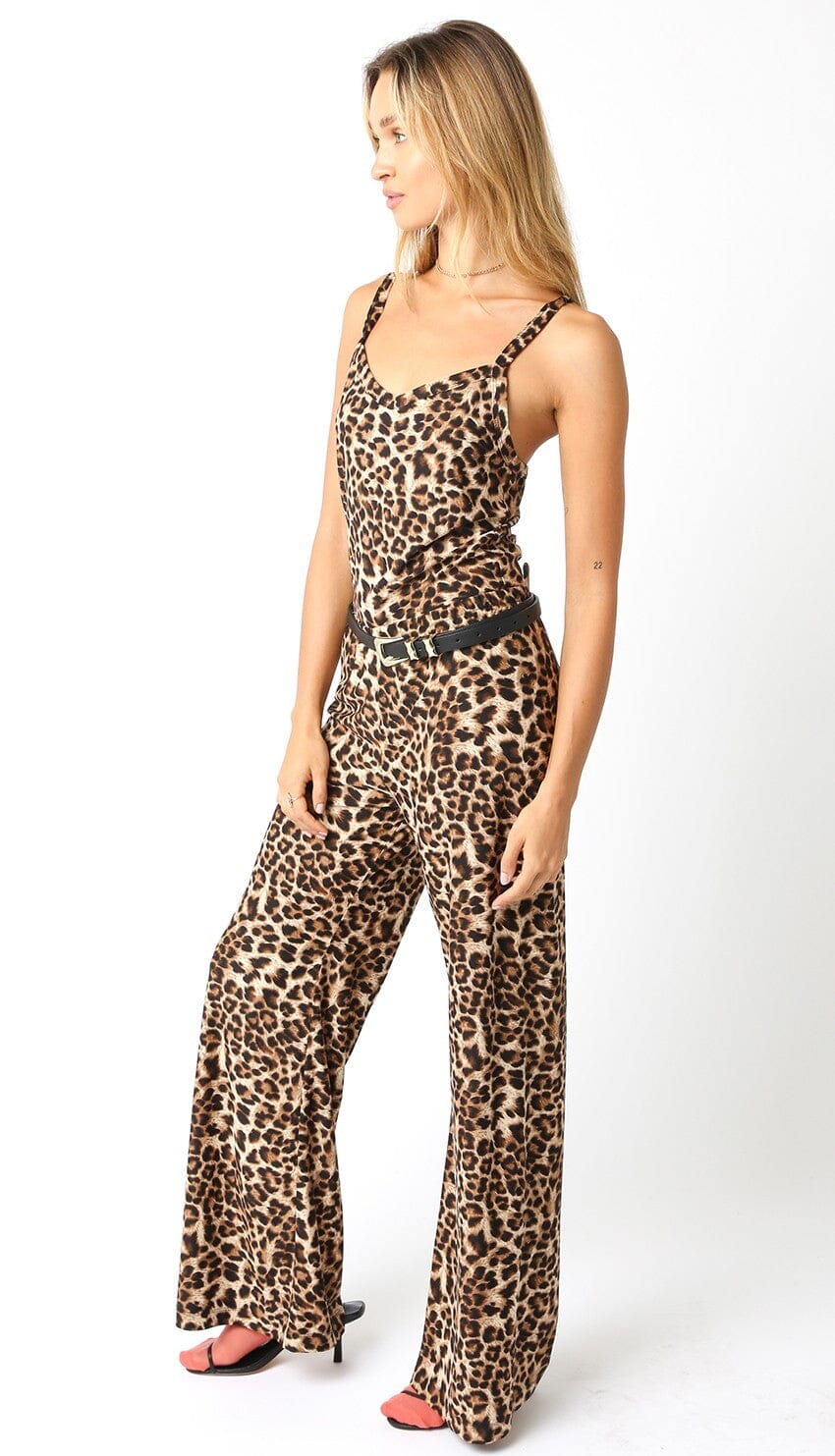 WOMEN'S SLEEVELESS ELASTIC EAIST ANIMAL PRINT WIDE LEG JUMPSUIT