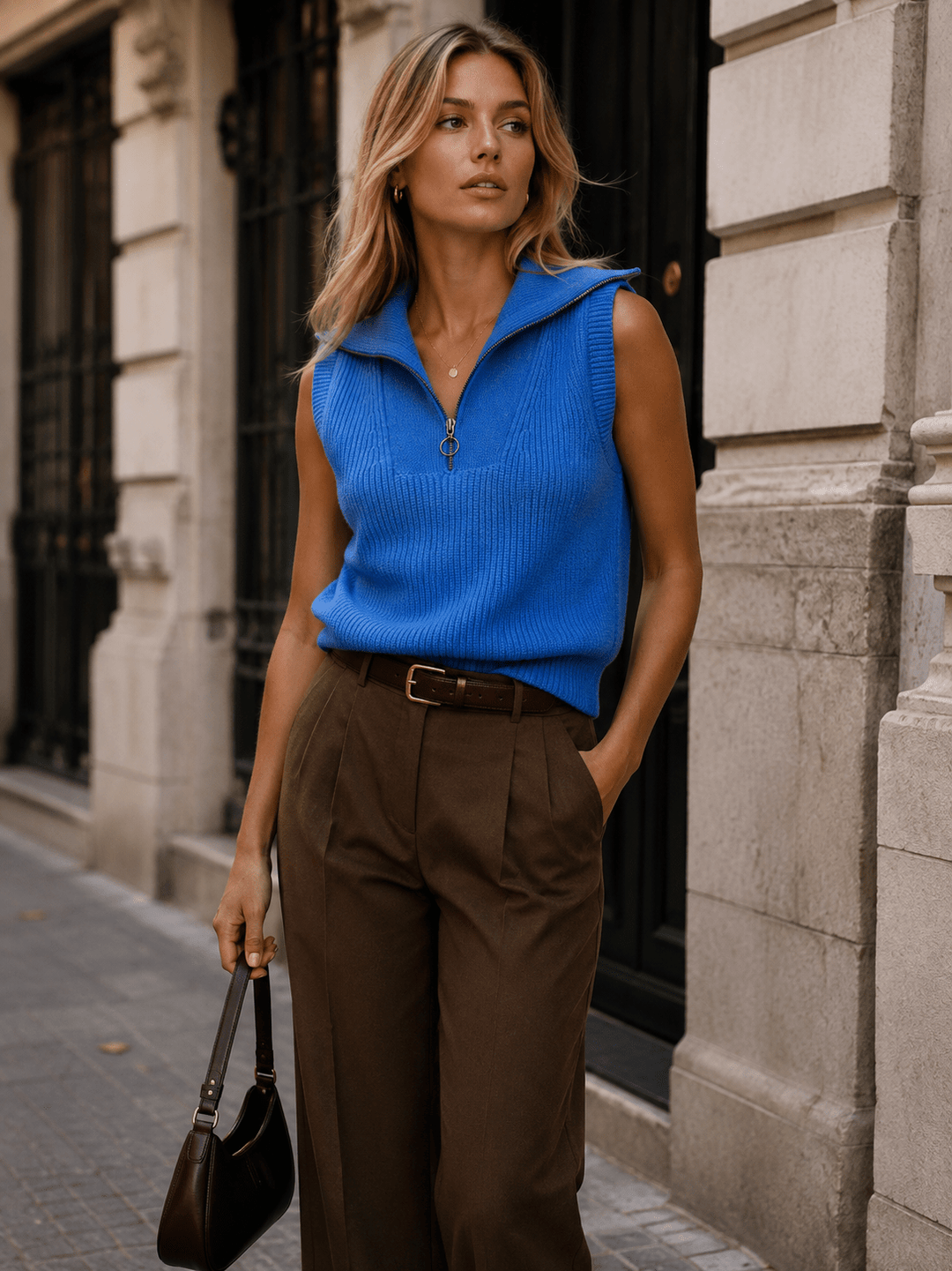 WOMEN'S SLEEVELESS ZIP UP KNIT TOP
