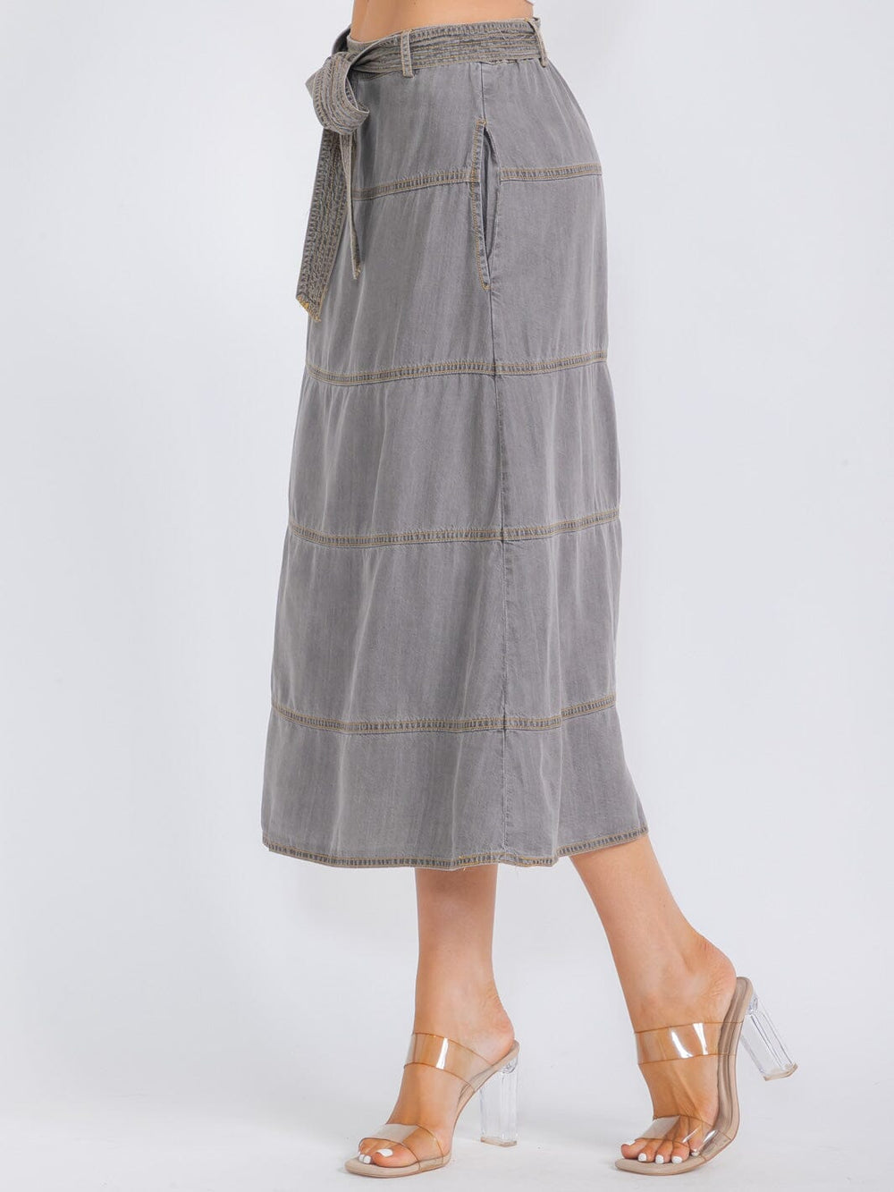 WOMEN'S ELASTIC WAIST TIERED SELF TIE MIDI SKIRT
