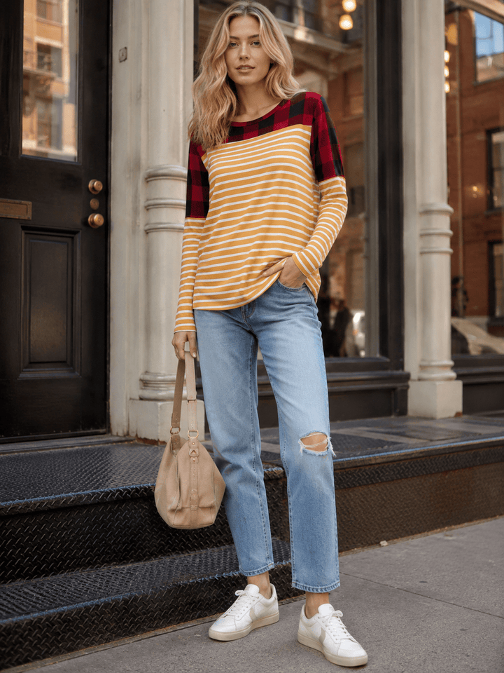 WOMEN'S LONG SLEEVE COLORBLOCK CONTRAST PRINT LOOSE FIT TOP