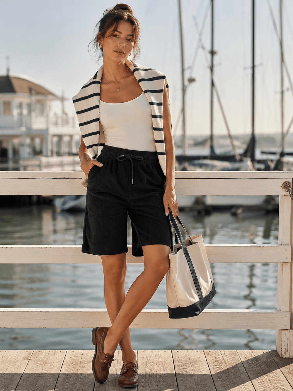 WOMEN'S ELASTIC WAIST POCKETS SELF TIE RIBBED MINI SHORTS