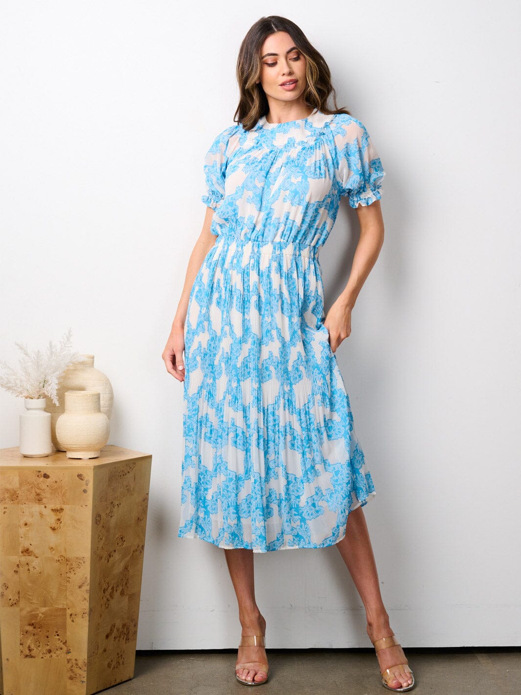 WOMEN'S SHORT PUFF SLEEVE ELASTIC WAIST PLEATED PRINT MIDI DRESS