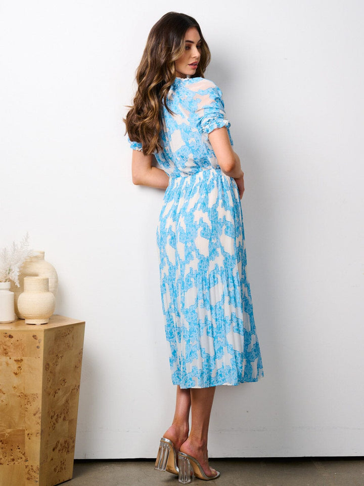 WOMEN'S SHORT PUFF SLEEVE ELASTIC WAIST PLEATED PRINT MIDI DRESS