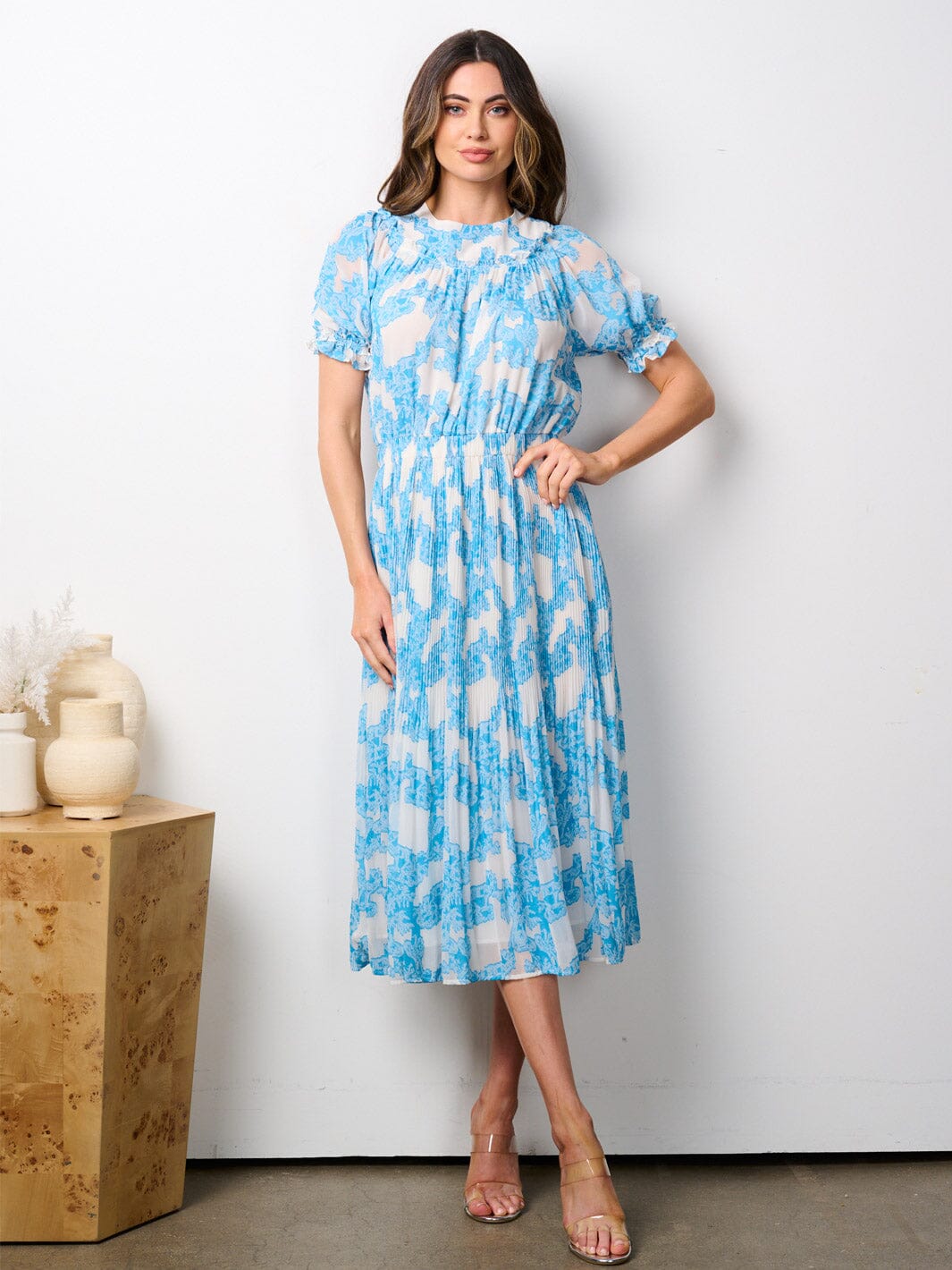 WOMEN'S SHORT PUFF SLEEVE ELASTIC WAIST PLEATED PRINT MIDI DRESS
