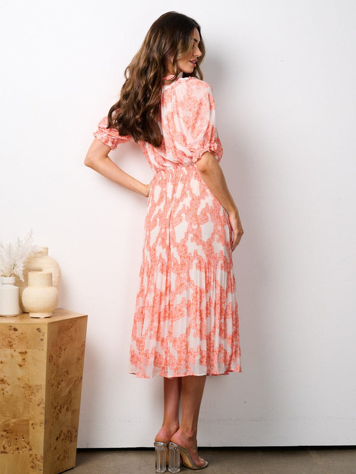 WOMEN'S SHORT PUFF SLEEVE ELASTIC WAIST PLEATED PRINT MIDI DRESS