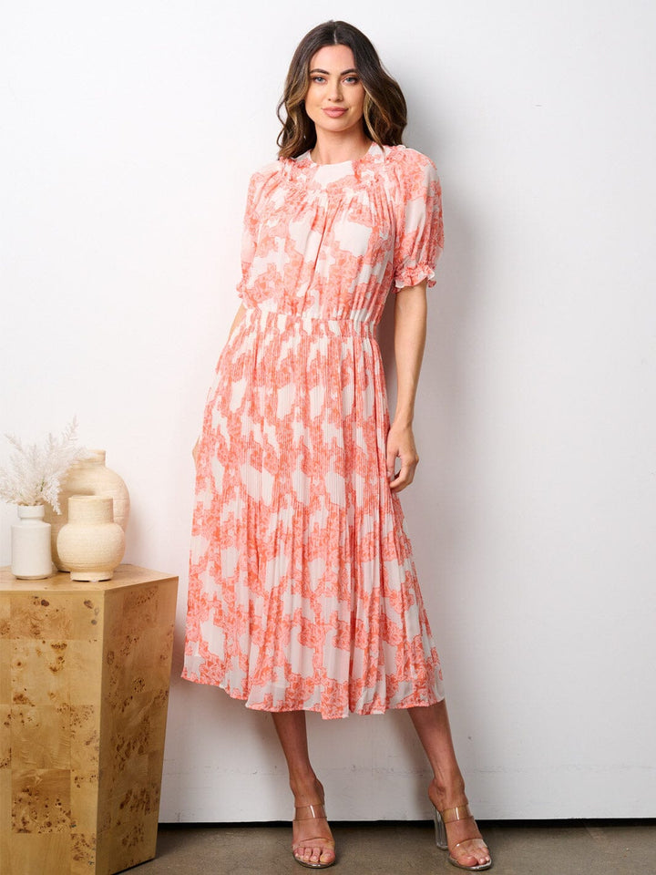 WOMEN'S SHORT PUFF SLEEVE ELASTIC WAIST PLEATED PRINT MIDI DRESS