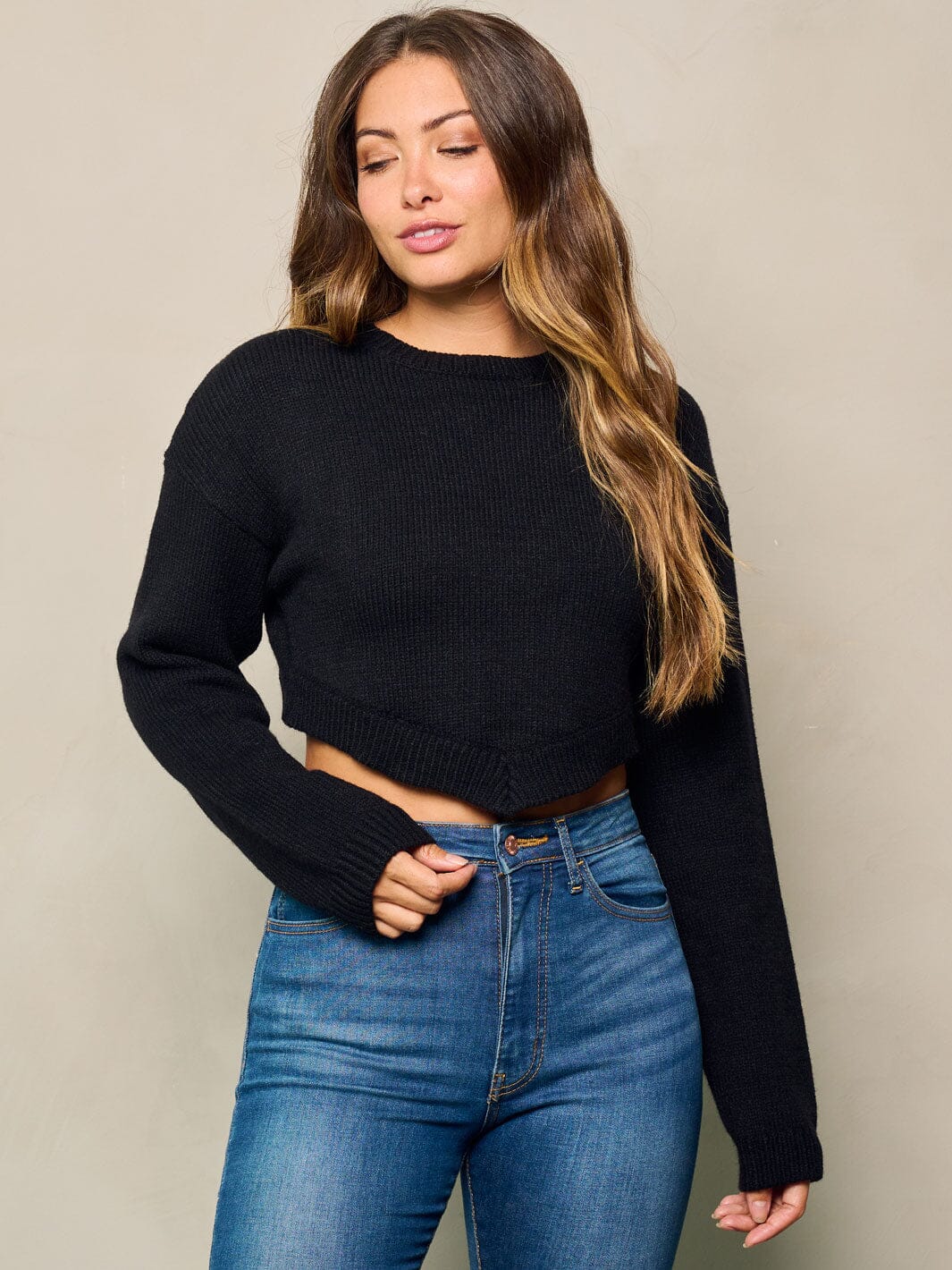 WOMEN'S LONG SLEEVE SOLID KNIT CROP TOP