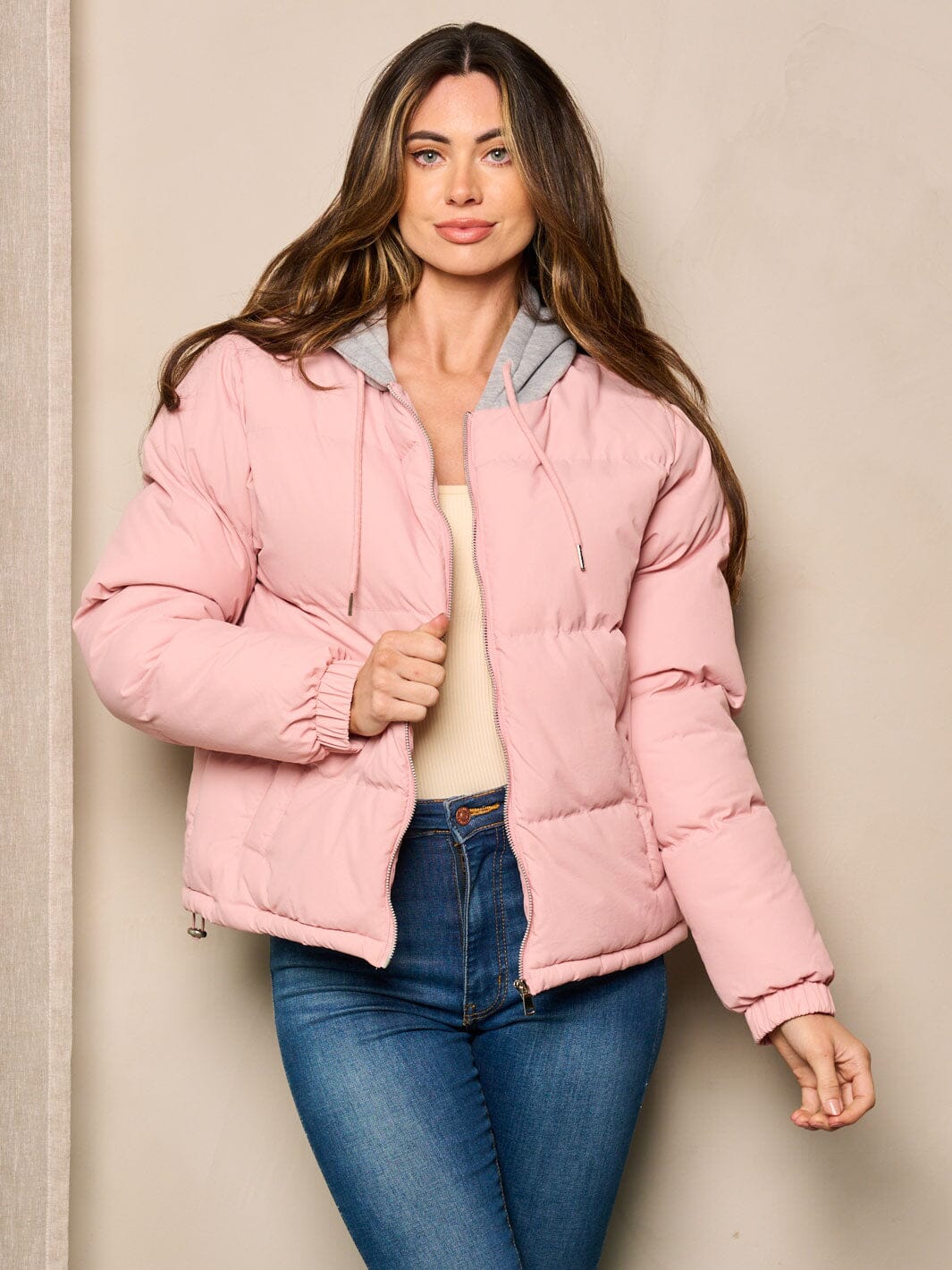 WOMEN'S LONG SLEEVE ZIP UP POCKETS HOODED PUFFER JACKET