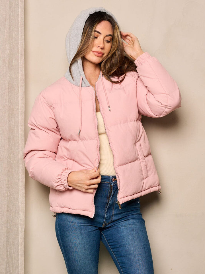 WOMEN'S LONG SLEEVE ZIP UP POCKETS HOODED PUFFER JACKET