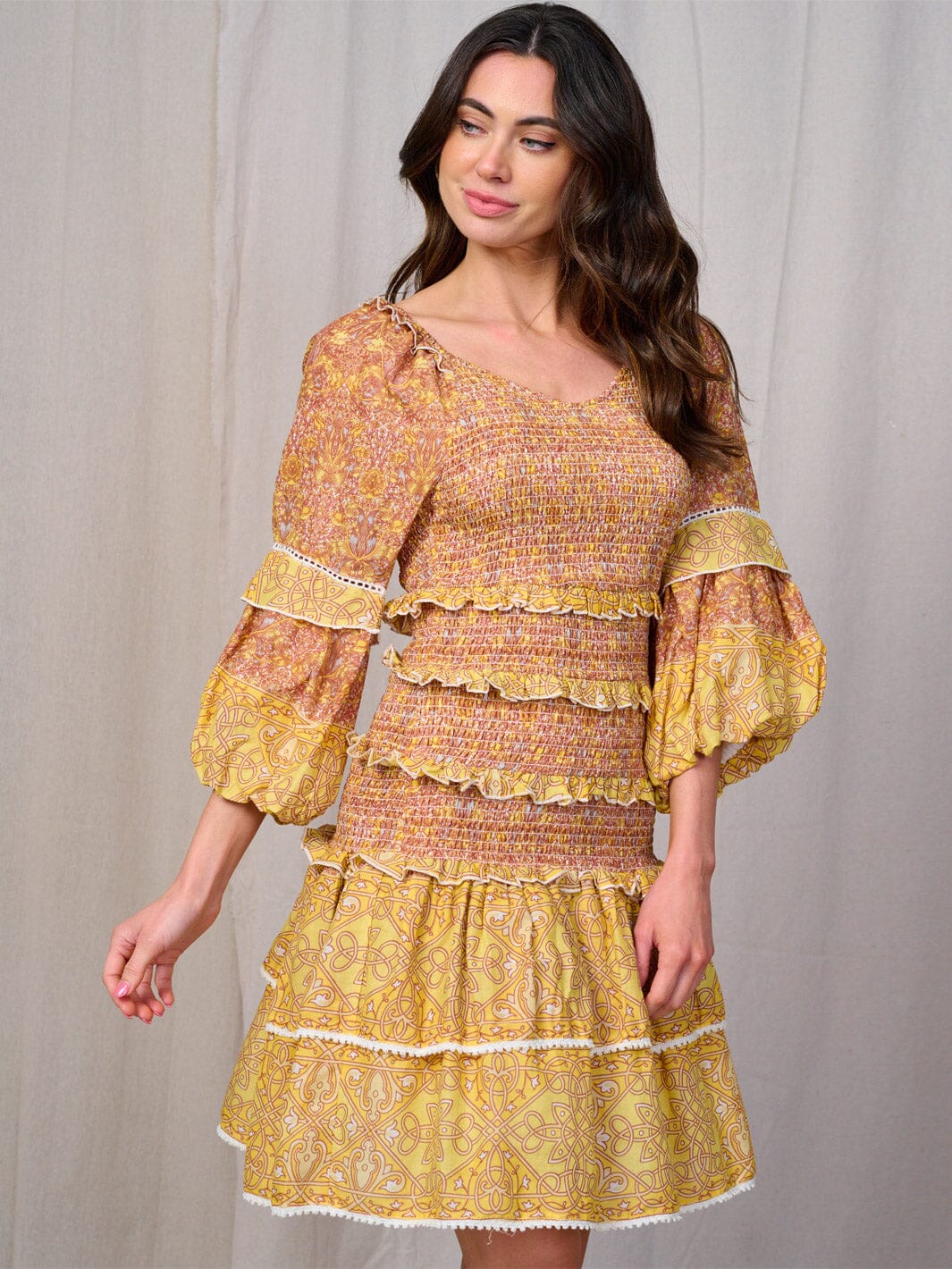 WOMEN'S 3/4 SLEEVE SMOCK RUFFLE TIERED MULTI PRINT MINI DRESS