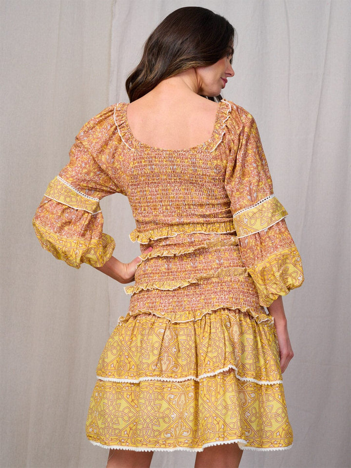WOMEN'S 3/4 SLEEVE SMOCK RUFFLE TIERED MULTI PRINT MINI DRESS