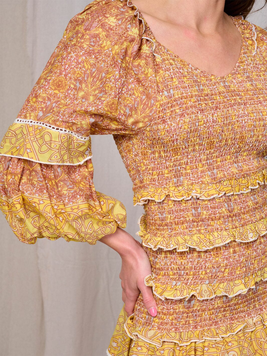 WOMEN'S 3/4 SLEEVE SMOCK RUFFLE TIERED MULTI PRINT MINI DRESS