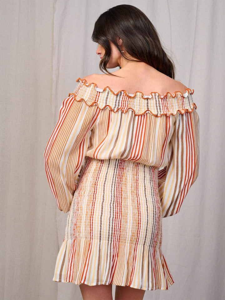 WOMEN'S LONG SLEEVE OFF SHOULDER SMOCK MULTI STRIPES MINI DRESS